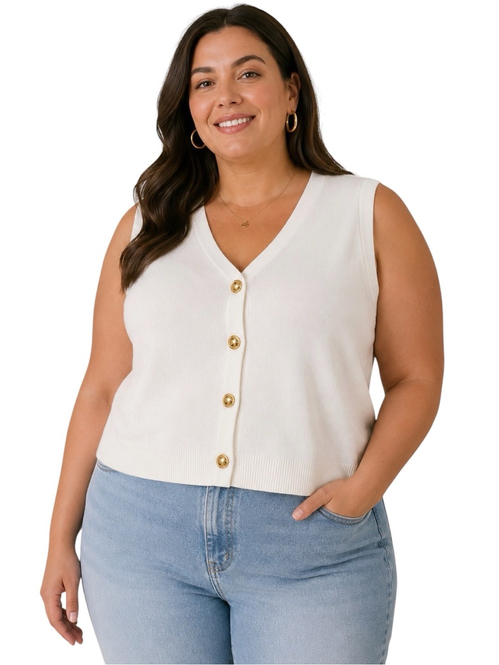 English Factory NWT Cream Knit Gold Button V-Neck Sweater Vest - Plus Size 3X